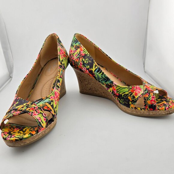 Dexflex Comfort Floral Peep Toe Wedges | Multi-Color Heels | Size 6.5 - Picture 5 of 11